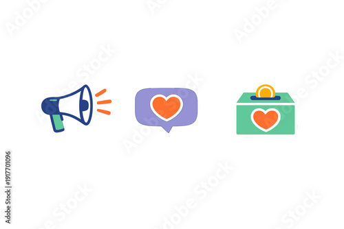 A set of three flat design icons featuring a megaphone, a heart speech bubble, and a donation box with a coin, all presented as stickers on a plain black background.