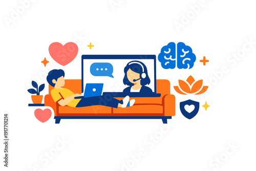 A flat illustration depicts a person lying on an orange sofa while using a laptop for an online therapy session with a counselor shown on a large screen surrounded by mental health icons.