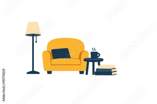 A flat vector illustration of a cozy reading corner featuring a yellow armchair with a blue pillow, a floor lamp, a side table with a steaming mug, and a stack of books on the floor.