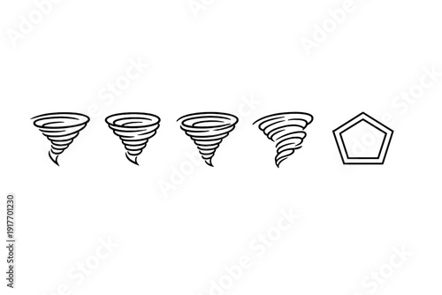 A collection of four white outline tornado icons and one nested pentagon shape arranged in a horizontal row against a solid black background. Simple minimalist line art design.