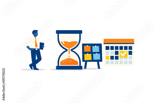 A flat illustration of a businessman standing next to a large hourglass, a task board with sticky notes, and a calendar with a checkmark, representing time management and planning.