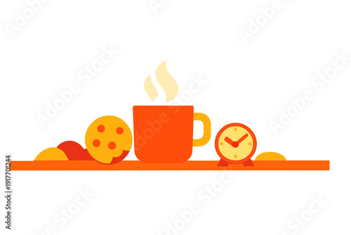 A minimalist flat illustration featuring a steaming orange mug, a chocolate chip cookie, and a small alarm clock resting on a shelf against a solid black background.