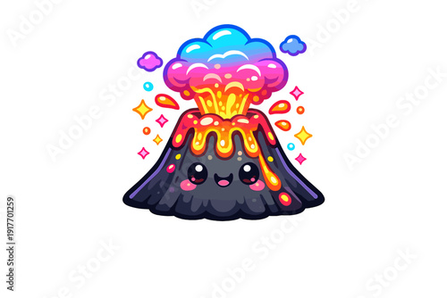 A cute cartoon volcano character with a smiling face erupts with vibrant rainbow-colored smoke and lava against a black background surrounded by colorful stars and clouds.