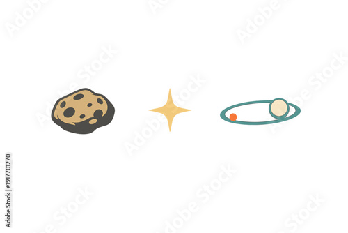 A minimalist vector illustration featuring three space-themed icons including a cratered asteroid, a shining four-pointed star, and a ringed planet set against a solid black background.