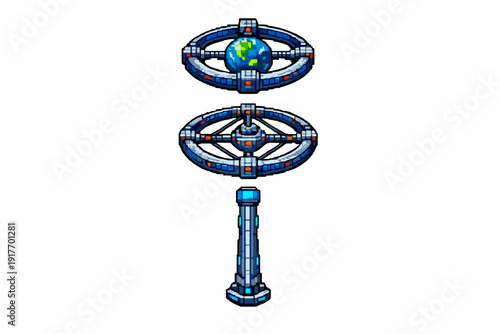 A pixel art set featuring a space station ring encircling a planet, an empty orbital ring, and a glowing blue tower, all presented on a solid black background.