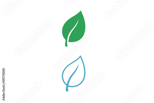 Two stylized leaf icons are displayed vertically on a black background. The top leaf is solid green, while the bottom leaf is a light blue outline with a transparent center.