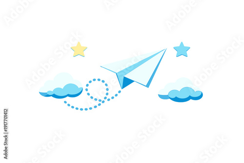 A blue paper plane glides through a black sky between fluffy clouds and bright stars, leaving a dotted flight path. This whimsical cartoon illustration captures a sense of adventure.