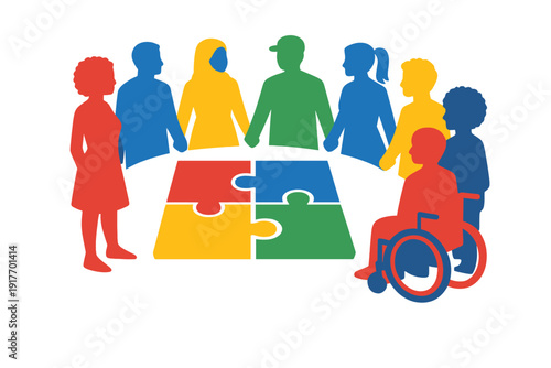 A diverse group of colorful silhouettes stands around a table, collaborating to complete a four-piece puzzle. The image represents unity, inclusion, and teamwork among different people.