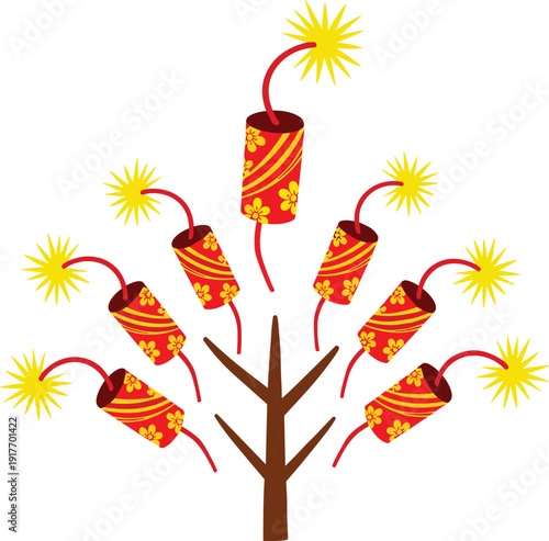 Red and yellow firecrackers exploding from brown tree branches explosions