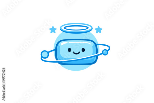 A cute blue spherical character with a smiling face, a halo, and orbiting rings with small spheres. Two light blue stars float beside it on a solid black background.