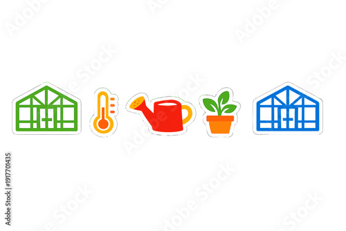 A set of five colorful gardening icons including two greenhouses, a thermometer, a red watering can, and a potted plant, all presented as stickers on a solid black background.