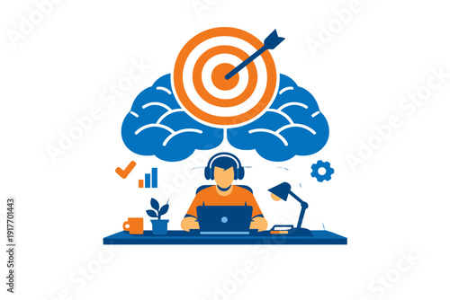 A person wearing headphones works at a desk with a laptop, surrounded by a large blue brain and a target icon, symbolizing concentration, productivity, and mental focus.