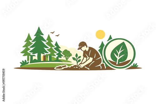 A stylized illustration of a person kneeling to plant a small sapling in the ground, surrounded by pine trees and a leaf emblem under a bright sun in a natural landscape.