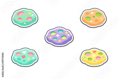 Five vibrant cartoon space rocks or asteroids featuring craters and stars are arranged on a black background. The set includes mint green, orange, purple, and yellow celestial shapes.