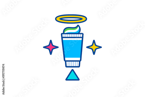 A flat vector illustration of a blue toothpaste tube with a colorful swirl, featuring a golden halo above it and sparkling stars on the sides against a solid black background.