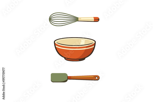 A flat vector illustration featuring essential kitchen tools: a whisk, an orange mixing bowl, and a green spatula, all vertically aligned on a plain black background.