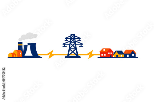 A flat vector illustration showing the process of electricity generation from a power plant through a transmission tower to residential houses on a black background.