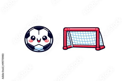 A cute cartoon soccer ball with a smiling face and pink cheeks sits next to a red soccer goal with a blue net. This flat vector illustration is set against a solid black background.