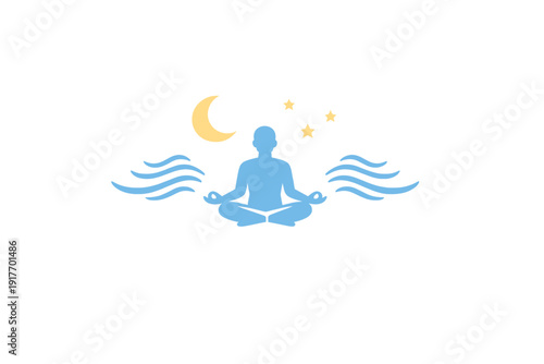 This minimalist illustration features a blue figure in a yoga pose under a yellow crescent moon and stars, flanked by stylized waves on a dark background with vertical texture.