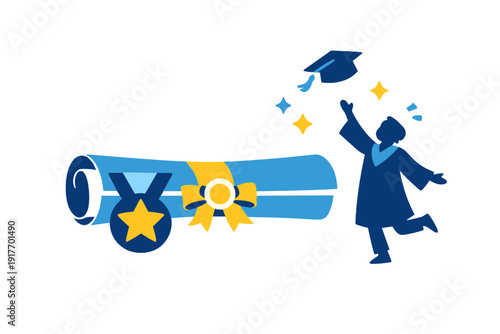 Flat vector illustration of a graduate in a blue gown tossing a cap into the air beside a large rolled diploma with a yellow ribbon and a star medal against a black background.