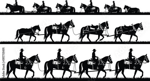 Set of cowboy and horse silhouettes riding through grass for western ranching landscape equestrian sports country lifestyle and rustic outdoor farm adventure design