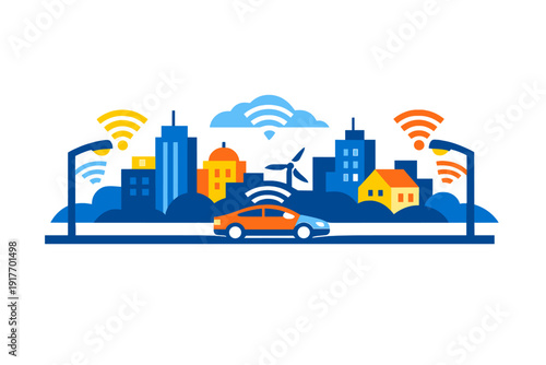 This flat vector illustration depicts a smart city with connected buildings, a wind turbine, and an autonomous car, using wireless signal icons to represent a modern urban network.