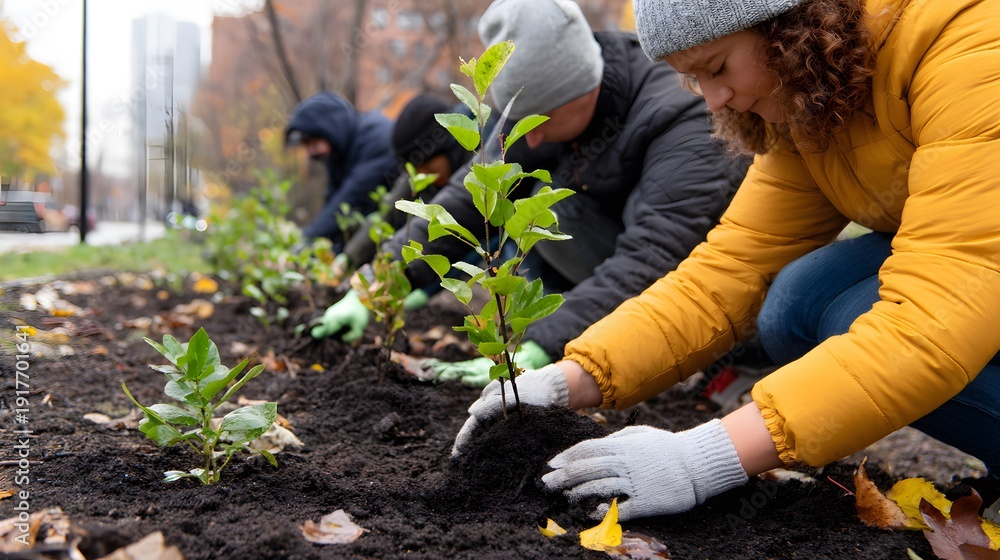 Fototapeta premium Community planting: A group of volunteers works together to plant saplings, symbolizing environmental protection. Their dedicated efforts bring new life, promoting sustainability.