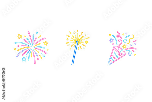 A set of three glowing neon celebration icons featuring a firework, a sparkler, and a party popper with confetti and streamers, isolated on a dark black background.