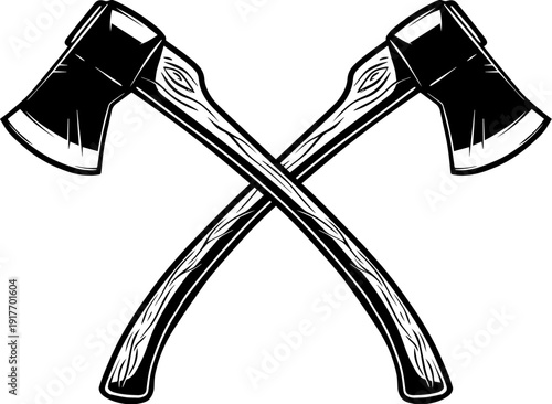 A black and white vector illustration of two crossed hatchets. This detailed, vintage-style woodcutting tool silhouette is ideal for carpentry and outdoor adventure logos.