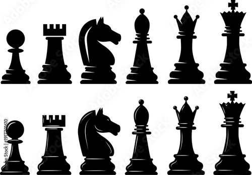 A black and white vector set of chess pieces including king, queen, bishop, knight, rook, and pawn. These clean silhouettes are perfect for gaming and strategy logos.