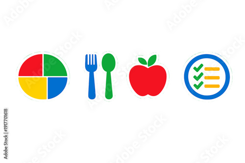 Four colorful icons representing healthy eating and nutrition are displayed on a black background, including a food plate, cutlery, a red apple, and a checklist for meal planning.