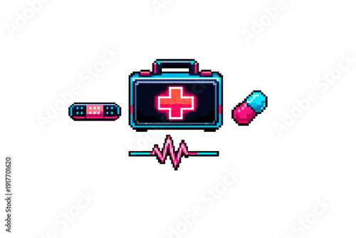 A pixel art collection of medical symbols featuring a first aid kit, an adhesive bandage, a capsule pill, and an EKG heartbeat line set against a dark background.
