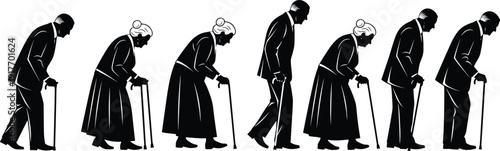 Set of elderly people walking with canes silhouettes, senior old men and women vector illustrations, aging and healthcare concept isolated on white background.
