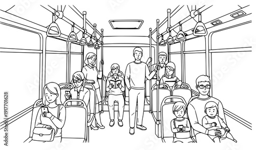 Black outline city bus passengers enjoying public transport ride minimalist line art vector illustration
