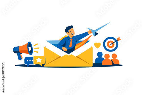 A flat vector illustration of a man emerging from a large yellow envelope and throwing a paper airplane, surrounded by marketing icons like a megaphone, target, and people silhouettes.