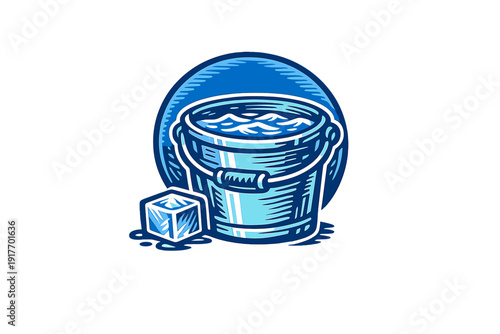 A blue graphic illustration of a metal bucket filled with rippling water, accompanied by a single ice cube on the side, set against a circular backdrop on a black background.