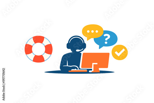 A flat illustration of a customer support agent wearing a headset and working at a computer. The image includes a lifebuoy, speech bubbles with a question mark, and a checkmark icon.