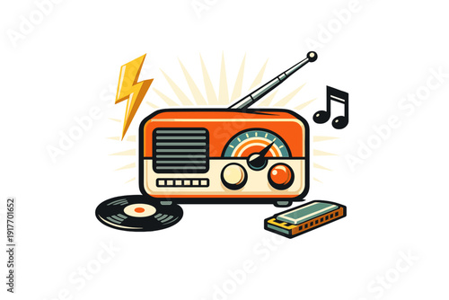A vintage-style vector illustration depicts an orange radio with an antenna, surrounded by a vinyl record, a harmonica, a lightning bolt, and musical notes on a dark backdrop.