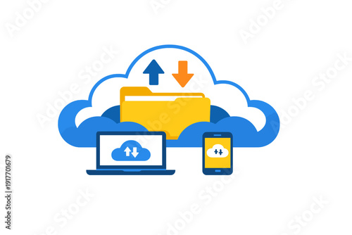 This flat vector illustration depicts cloud computing and data storage featuring a yellow folder, upload and download arrows, a laptop, and a smartphone on a black background.