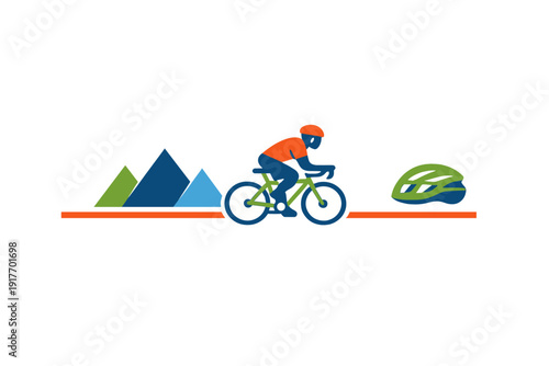 A minimalist flat illustration of a cyclist riding a green bicycle on an orange path with stylized mountains in the background and a separate bike helmet on the right side.