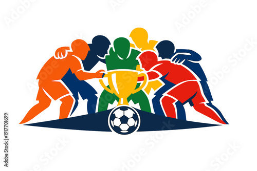A colorful vector illustration of diverse soccer players in a huddle around a golden trophy, with a soccer ball icon at the bottom, representing teamwork and sports competition.