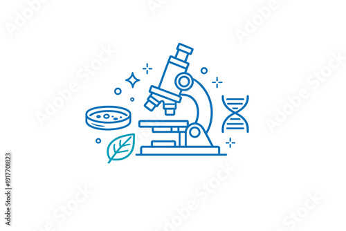 This blue line art graphic depicts a microscope surrounded by a petri dish, DNA strand, and a leaf, symbolizing biological research and laboratory science on a dark background.