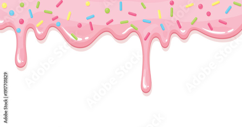 Pink icing drip with colorful sprinkles cartoon sweet dessert decoration vector illustration, party invitations, and sweet food-related content