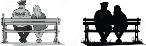 Police officer and woman sitting on bench in grayscale and silhouette