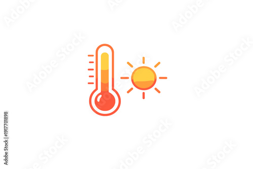 A stylized orange and yellow gradient icon of a thermometer showing a high temperature next to a sun symbol, set against a dark black background with vertical texture.