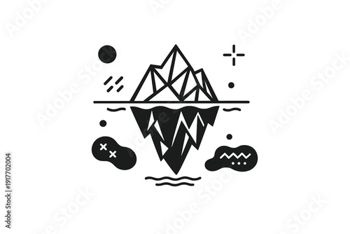 This minimalist black and white illustration depicts a geometric iceberg floating in water, surrounded by abstract shapes and symbols on a solid dark background.