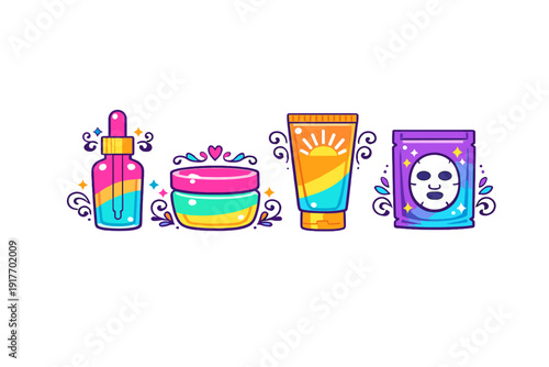 A vibrant cartoon illustration of skincare products including a serum bottle, cream jar, sunscreen tube, and sheet mask packet on a black background with decorative sparkles.