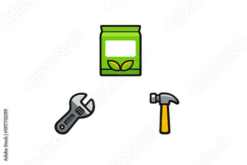 A collection of three flat design icons featuring a green bag with a leaf motif, a gray adjustable wrench, and a hammer with a yellow handle, all set against a black background.