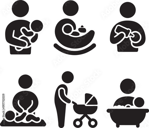 Happy mother holding newborn baby close gentle embrace parenting childcare infant health wellness vector illustration.