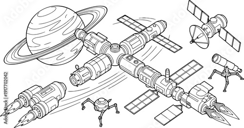 Isometric vector line art illustration set of space exploration technology featuring a modular space station, rocket ship, ringed planet, satellite, telescope, and rover